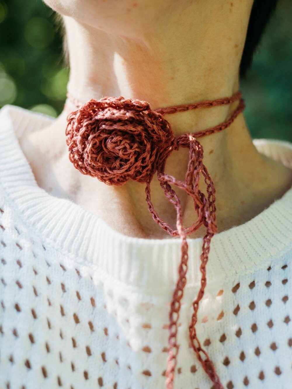 Handmade crocheted 100% linen pink choker necklace